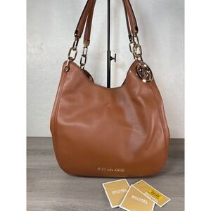 Michael Kors Lillie Large Gold Chain Shoulder Tote Bag in Luggage Brown